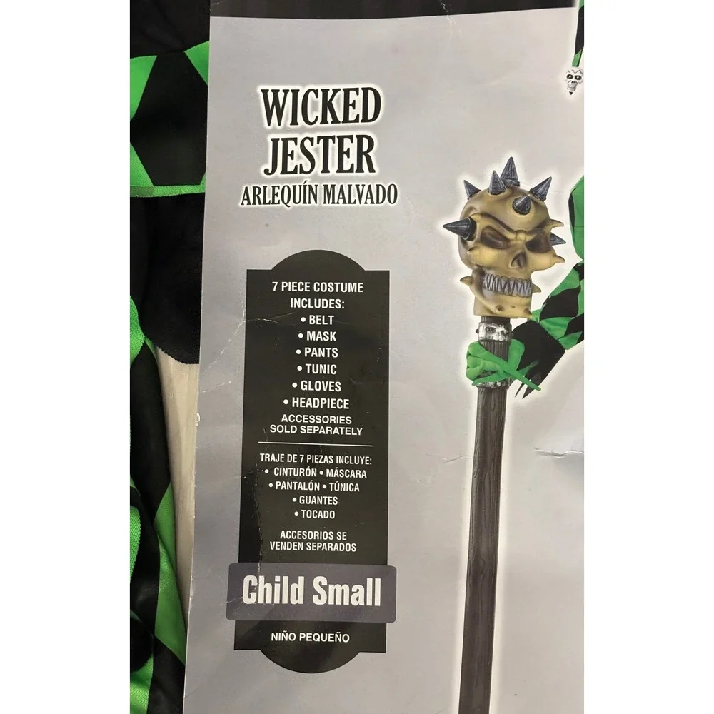 Wicked Jester Costume Boys Small (4-6) 7 Piece Set Green Black Halloween Scary